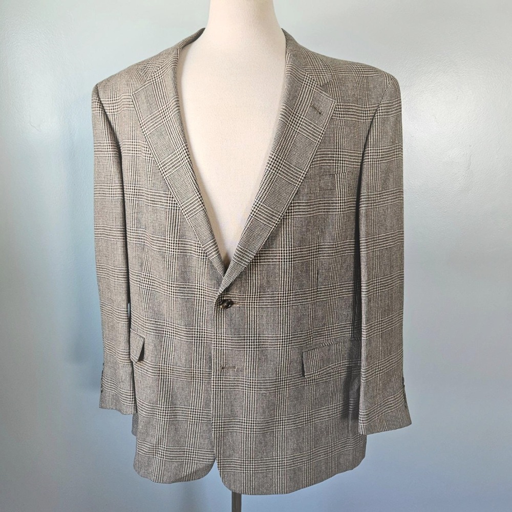 Burberrys‎ Vintage Mens Glen Plaid Blazer Tan Brown Two Button Sport Coat 48R